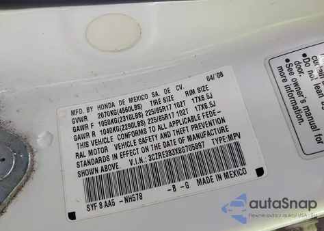 2008 Honda Cr-V Lx из США, поврежденный, VIN 3CZRE383X8G705897